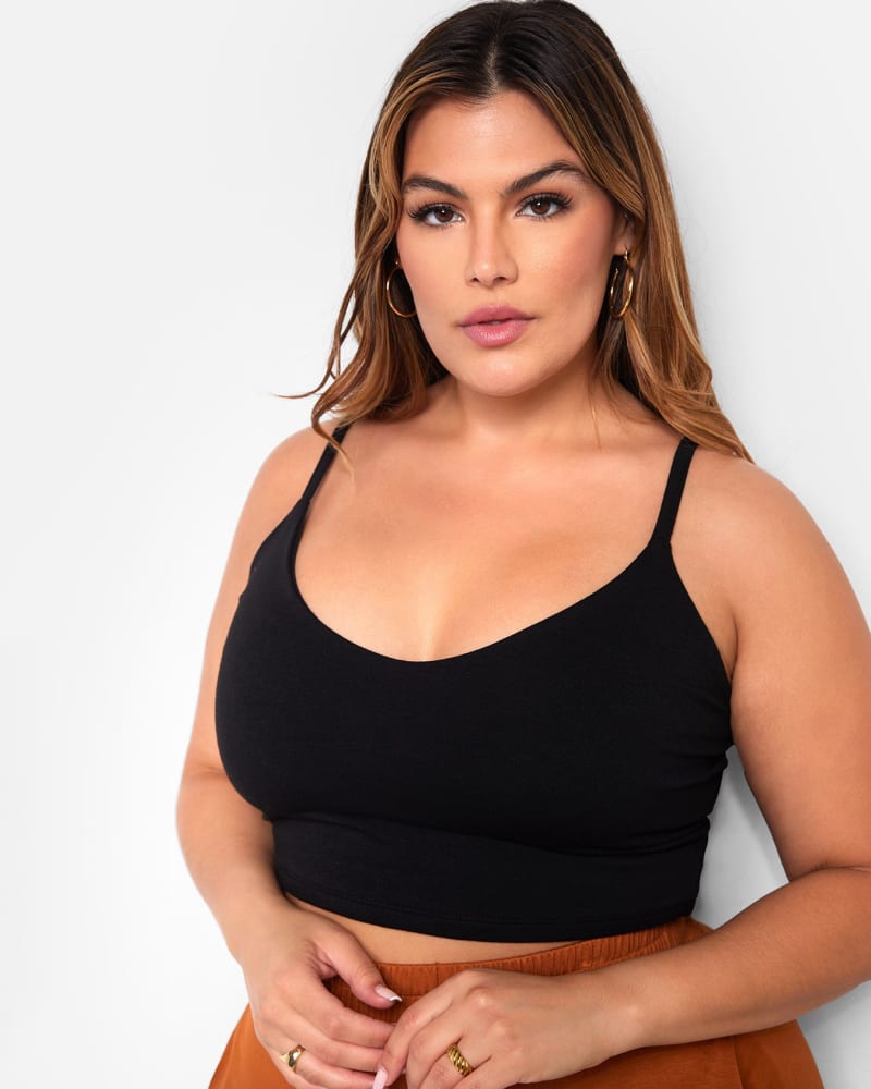 Side of a model wearing a size L Essential V Neck Strappy Crop Top - Black in Black by Rebdolls. | dia_product_style_image_id:321382